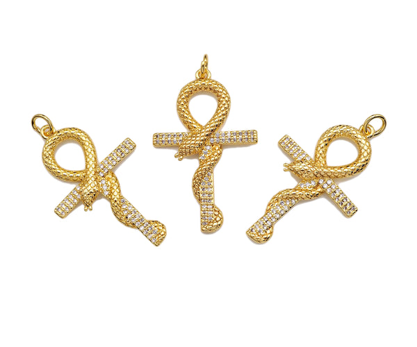 CZ Micro Pave Snake On Cross Shape Pendant/Charm,Cubic Zirconia Charm, Necklace Bracelet Charm Pendant,21x34mm, Sku#Y357