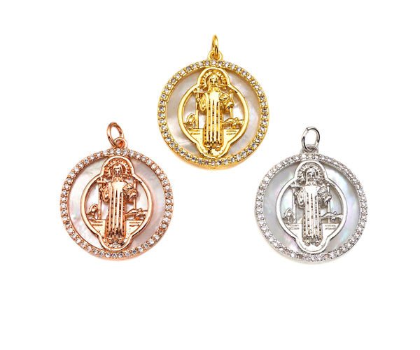 CZ Micro Pave Virgin Mary Mother of Pearl On Round Coin Charms, 18K Gold MOP Pendnat,Virgin Mary Pendant,Necklace Charms, 22x24mm, Sku#Z1251