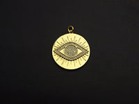 CZ Micro Pave Evil Eye On Round Coin Pendant, Cubic Zirconia Round Pendant, Gold Tone pendant, 26mm, sku#F1114