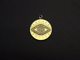 CZ Micro Pave Evil Eye On Round Coin Pendant, Cubic Zirconia Round Pendant, Gold Tone pendant, 26mm, sku#F1114