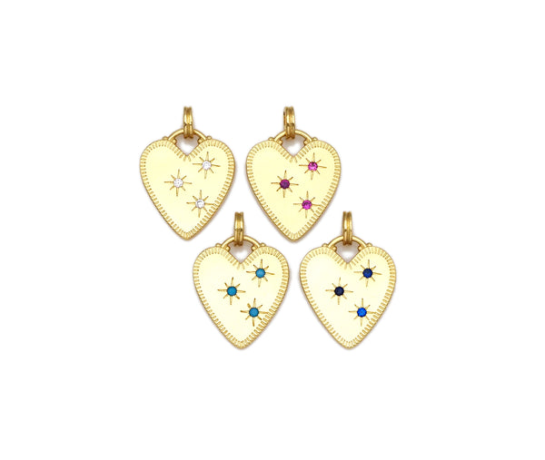 Clear/Fuchsia/Turquoise/Cobalt CZ Micro Pave North Star On Heart Shape Pendant,18K Gold Filled Heart Charm,15x18mm, Sku#ML52