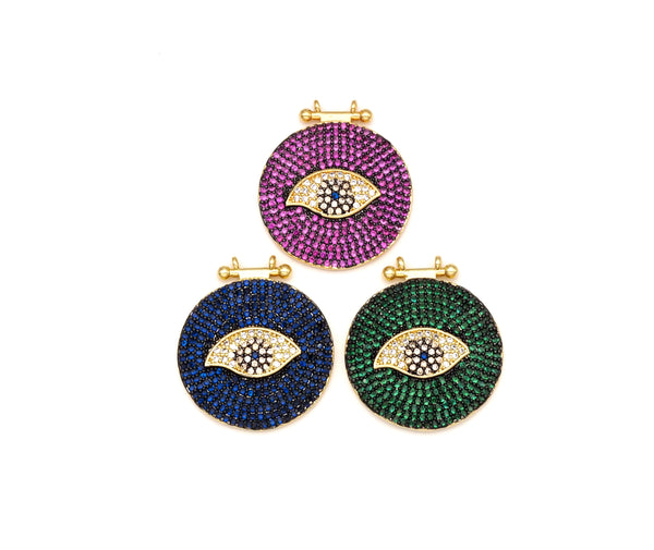 Colorful CZ Micro Pave Evil Eye On Round Coin Shape Pendant, 18K Gold Filled Evil Eye Charm, Necklace Bracelet Charm, 25x28mm,sku#F1430