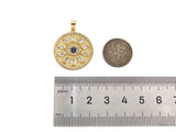 Big CZ Micro Pave Evil Eye On Round Coin Shape Pendant/Charm,Cubic Zirconia Medallion Charm, Necklace Bracelet Charm, 26x23mm, Sku#F1360
