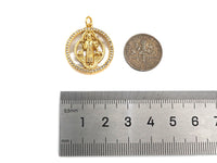 CZ Micro Pave Virgin Mary Mother of Pearl On Round Coin Charms, 18K Gold MOP Pendnat,Virgin Mary Pendant,Necklace Charms, 22x24mm, Sku#Z1251