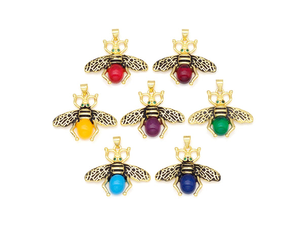 Colorful Glass Bee Shape with Green CZ Eye Pendant, 18K Gold Filled Bee Charm, Necklace Bracelet Charm Pendant, 32x27mm, Sku#F178