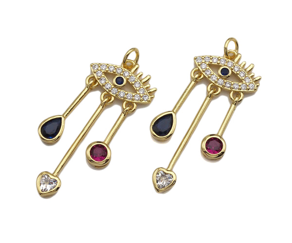 Clorful CZ Micro Pave Evil Eye With Heart Teardrop Coin Pendant Shape Charm Pendant, Cubic Zirconia Evil Eye Charm,16x38mm,Sku#LK159
