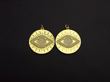 CZ Micro Pave Evil Eye On Round Coin Pendant, Cubic Zirconia Round Pendant, Gold Tone pendant, 26mm, sku#F1114