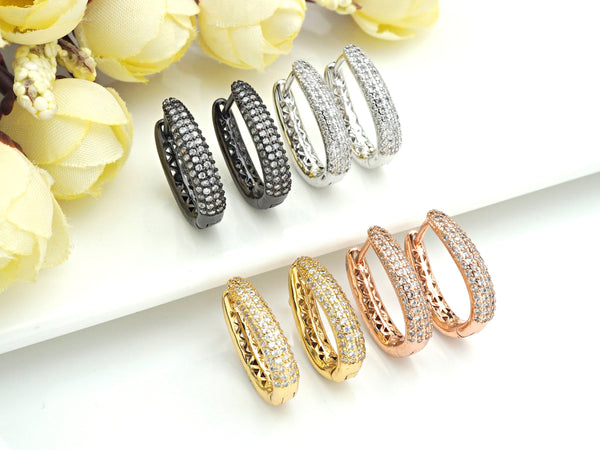 CZ Micro Pave Double Raw Huggie Earring, Leverback ear wires, cubic zirconia micro pave earrings, 5x20mm, sku#J243
