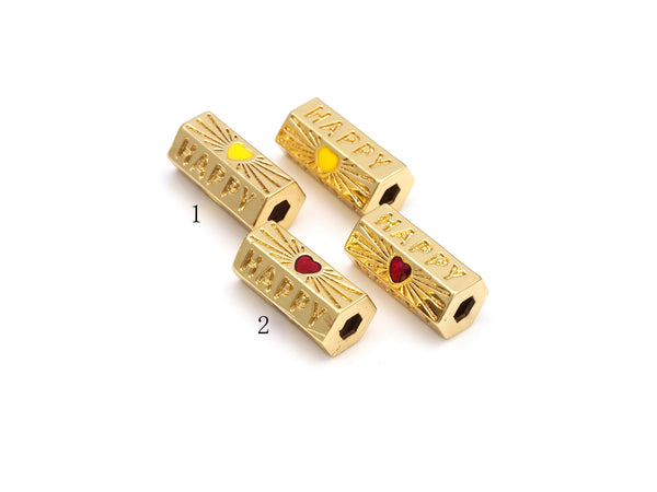 Happy Word with Yellow/Red Enamel Heart On Hexagon Shape Large Hole Tube Spacer Beads, 18K Gold Filled Beads, Tube Spacer,11x20mm, Sku#Y529