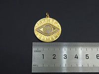 CZ Micro Pave Evil Eye On Round Coin Pendant, Cubic Zirconia Round Pendant, Gold Tone pendant, 26mm, sku#F1114