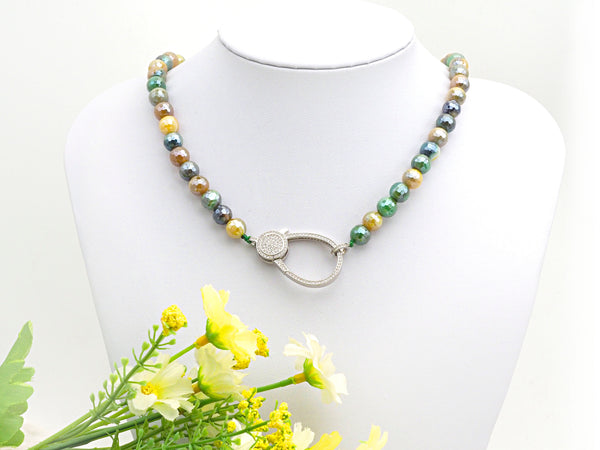 Gorgeous Agate Attachment Necklace with Large CZ Pave Silver clasp, 18" long, 8mm/10mm beads size, sku#D43