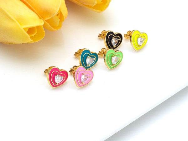 Clear CZ Micro Pave Heart on Colorful Enamel Heart Earrings, 18K Gold Filled Heart Stud Earrings, Enamel Pave Jewelry, 14x12mm, Sku#O67