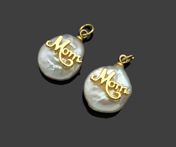 Gold Filled Mom Word On Pearl Pendant, Bracelet Necklace Natural Pearl Charm, 18K Gold Filled Mom Pendant Charm,13x19mm,Sku#Z1365