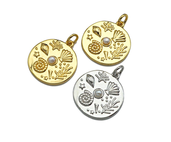 CZ Micro Pave Underwater World pearl Center Coin Pendant/Charm,Sheell Snail Pearl, sku#L400