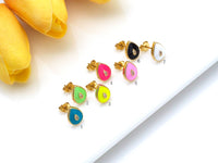 Colorful Enamel Teardrop Shape Earrings, 18K Gold Filled CZ Micro Pave Stud Earrings, Enamel Pave Jewelry, 11x8mm, Sku#O68