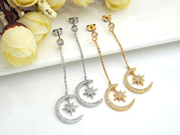 CZ  Moon North Star Dangle Earrings, Sku#J244