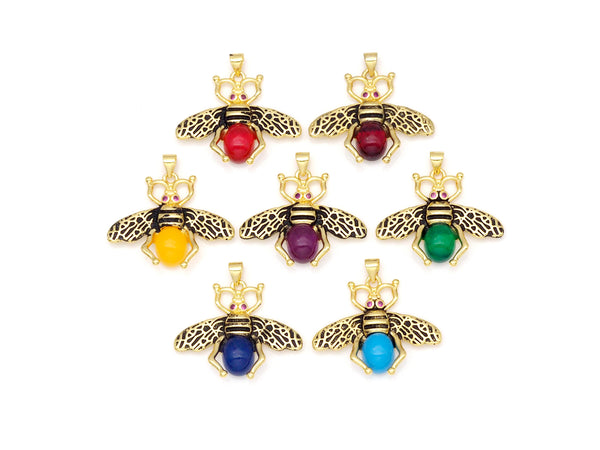 Colorful Glass Bee with Fuchsia CZ Eye  Shape Pendant,18K Gold Filled Bee Charm, Necklace Bracelet Charm Pendant, 32x27mm, Sku#FH179