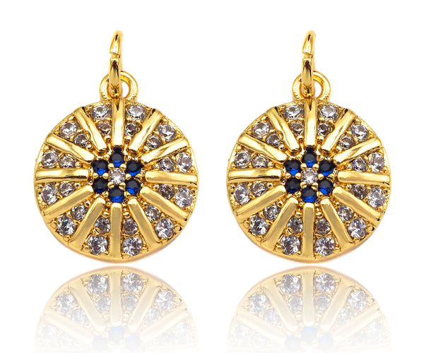 Micro Pave Cobalt CZ North Star On Round Coin Charms, Dainty Gold Charms/Pendant, Round Necklace Charms, 11x13mm, Sku#Z1253