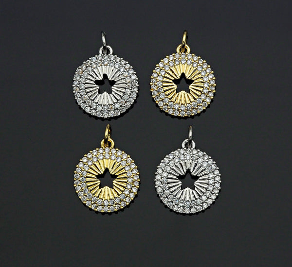 CZ Micro Pave Hollow Out Five Star On Round Coin Shape Pendant, Gold/Silver Plated,Necklace Bracelet Charm Pendant,14x16mm,sku#F1253
