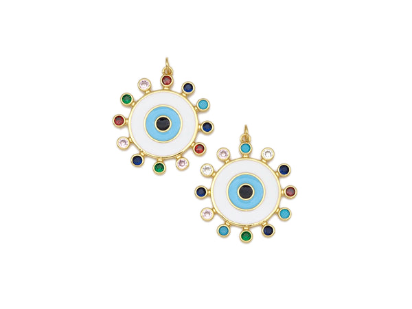 Colorful CZ Micro Pave Enamel Round Evil Eye On Coin Shape Pendant, 18K Gold Filled Evil Eye Charm, Necklace Pendant,30x33mm, Sku#LK481