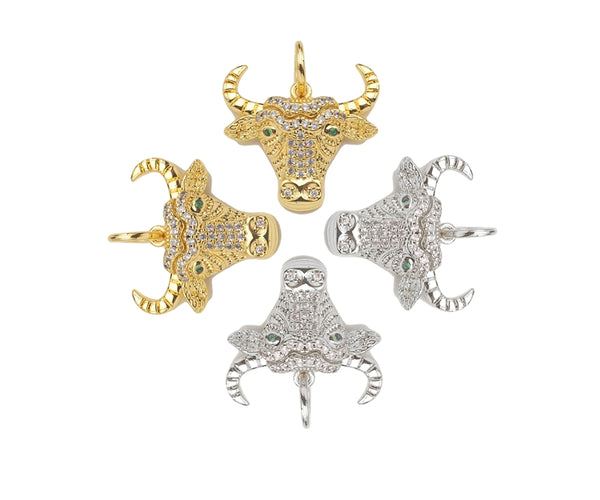 CZ Micro Pave Bull's Head Shape Pendant/Charm,Cubic Zirconia Dainty Gold Charm, Necklace Bracelet Charm Pendant,20x18mm, Sku#F1384