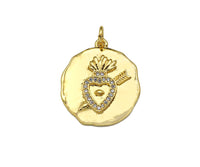CZ Micro Pave Heart with Cupid Arrow on Round Coin Pendant, 18K Gold Medallion Charm, Necklace Bracelet Charm Pendant,19x22mm,Sku#Z1333
