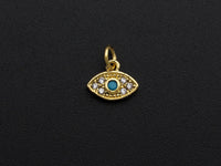 CZ Micro Pave Evil Eye Pendant/Charm, Clear Turquoise Cubic Zirconia Pave Charm, Silver/Gold Plated, 8x10mm, sku#Z777