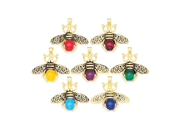 Colorful Glass Bee Shape Pendant, 18K Gold Filled CZ Beed Charm, Necklace Bracelet Charm Pendant,32x27mm, Sku#FH180