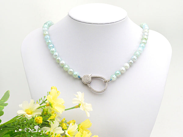 Aqua Blue Agate Attachment Necklace with Large CZ Pave Silver clasp, Pave Diamond Beaded Choker, 18" long, 8mm/10mm beads size, sku#D44