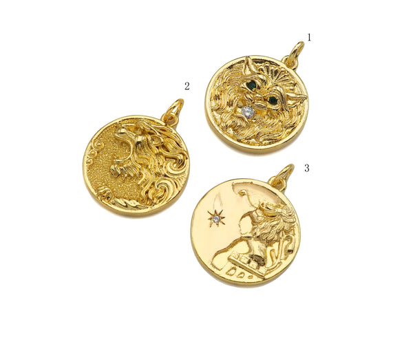 Gold Filled Embossed Lion Head Coin Pendant,18x20mm,Sku#Z1366