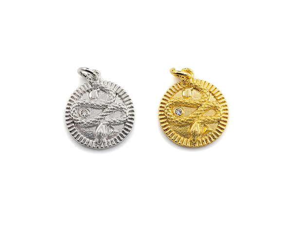 Medallion Snake on Round Coin Pendant, Snake Pendant, Gold/Silver Tone, 16x18mm, Sku#Z691
