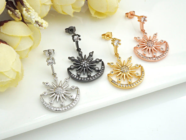 CZ Micro Pave Fan Shape Earring, Star Moon Dangle Earrings, Clear CZ micro pave earrings, 20x31mm, sku#J245