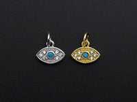 CZ Micro Pave Evil Eye Pendant/Charm, Clear Turquoise Cubic Zirconia Pave Charm, Silver/Gold Plated, 8x10mm, sku#Z777