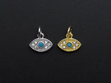 CZ Micro Pave Evil Eye Pendant/Charm, Clear Turquoise Cubic Zirconia Pave Charm, Silver/Gold Plated, 8x10mm, sku#Z777