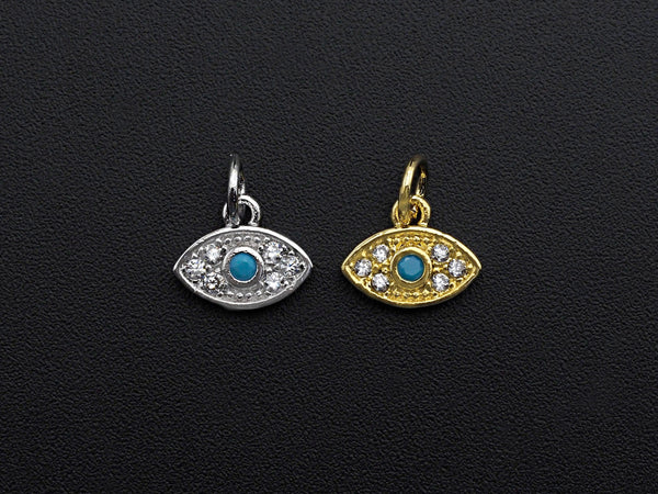 CZ Micro Pave Evil Eye Pendant/Charm, Clear Turquoise Cubic Zirconia Pave Charm, Silver/Gold Plated, 8x10mm, sku#Z777
