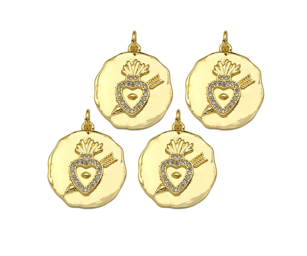 CZ Micro Pave Heart with Cupid Arrow on Round Coin Pendant, 18K Gold Medallion Charm, Necklace Bracelet Charm Pendant,19x22mm,Sku#Z1333
