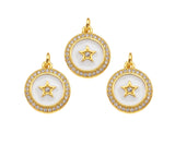 CZ Micro Pave White Enamel Five Star On Round Coin Charms, CZ Enamel Pendant/Charm, Round Necklace Charms, 14x16mm, Sku#Z1254