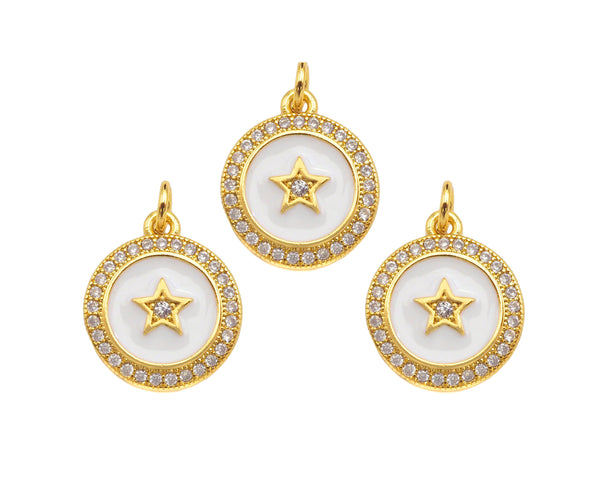CZ Micro Pave White Enamel Five Star On Round Coin Charms, CZ Enamel Pendant/Charm, Round Necklace Charms, 14x16mm, Sku#Z1254