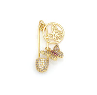 Colorful CZ Micro Pave Butterfly On Safety Pin Shape Pendant/Charm, 18K Gold Filled Charm, Necklace Bracelet Charm Pendant,8x30mm,Sku#F1409