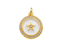 CZ Micro Pave White Enamel Five Star On Round Coin Charms, CZ Enamel Pendant/Charm, Round Necklace Charms, 14x16mm, Sku#Z1254