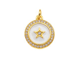 CZ Micro Pave White Enamel Five Star On Round Coin Charms, CZ Enamel Pendant/Charm, Round Necklace Charms, 14x16mm, Sku#Z1254