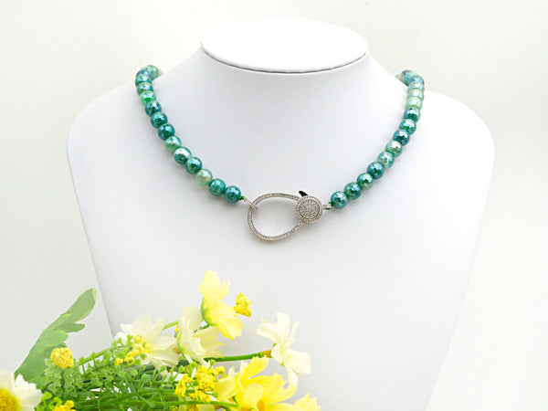 Green Agate Attachment Necklace with Large CZ Pave Silver clasp, 18" long, 8mm/10mm beads size, sku#D45