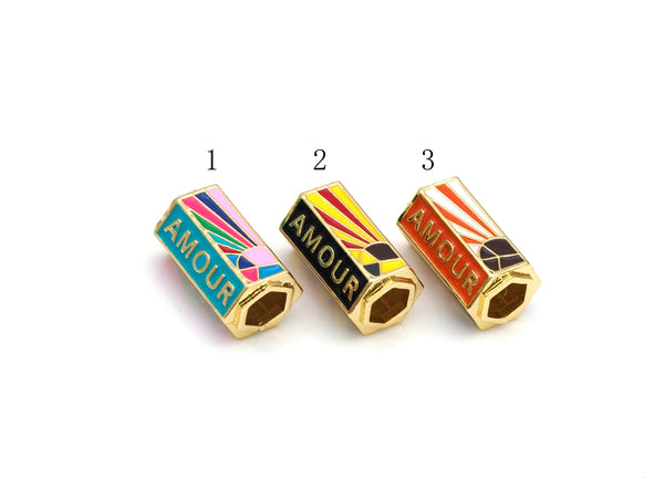 Gold Amour Word with Rainbow Enamel On Hexagon Shape Large Hole Tube Spacer Beads, 18K Gold Filled Drum Beads,14x22mm, Sku#Y530