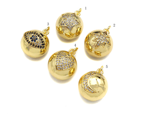 CZ Micro Pave 3D Round Ball Pendant/Charm,Evil Eye Heart Star Moon CZ Ball Charm, Necklace Bracelet Charm Pendant,14x17mm, Sku#LK200