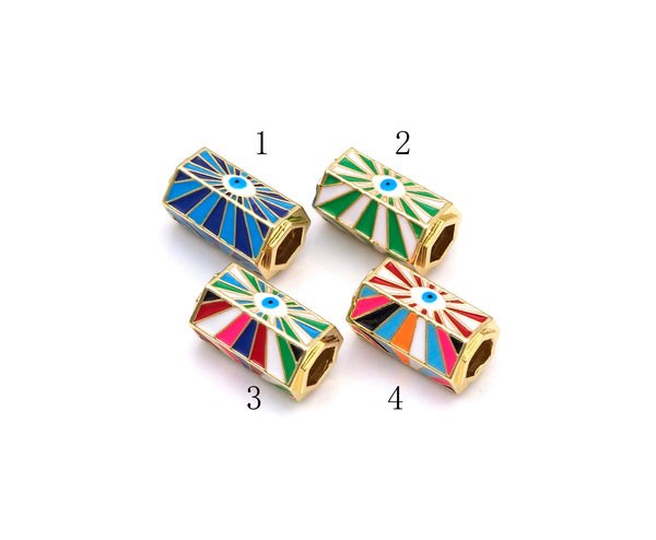 Colorful Enamel Evil Eye On Hexagon Shape Large Hole Tube Spacer Beads, 18K Gold Filled Drum Barrel Beads,14x22mm, Sku#Y531