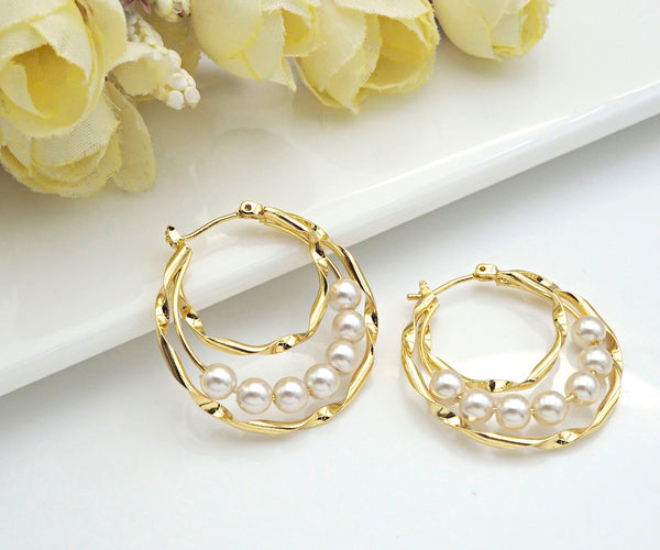 Gold Hoop Pearl Earrings, Sku#J298