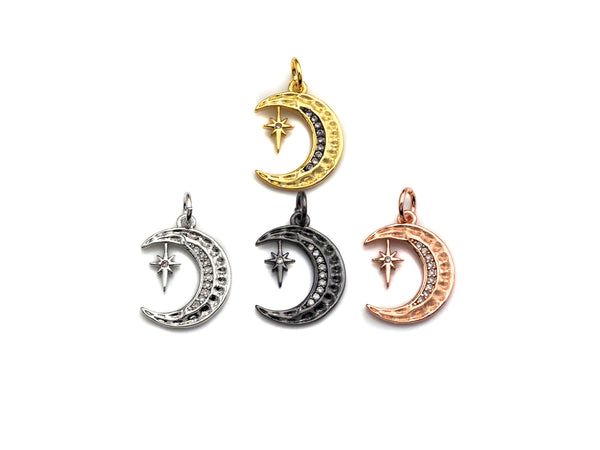 CZ Micro Pave Moon with North Star Pendant, Cubic Zirconia Pave Pendant/Charm, Necklace Pave Pendant, 13x17mm, sku#Z829