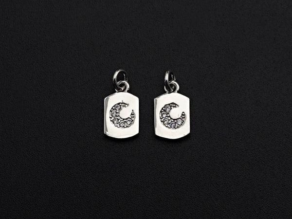 Clear CZ Micro Pave Moon Tag Pendant/Charm, Cresent Moon Cubic Zirconia Pendant, Silver Tone, 8x14mm,Sku#Z799