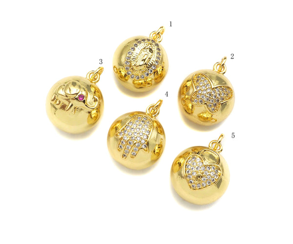 CZ Micro Pave 3D Round Ball Pendant/Charm,Hamsa Hand Heart Elephant Butterfly CZ Charm, Necklace Bracelet Charm Pendant,14x17mm, Sku#LK201