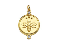 CZ Micro Pave Bee Crown On Round Coin Pendant/Charm, Bracelet Necklace CZ  Round Pendant Charm, Silver/Gold Tone,18x26mm,Sku#L460